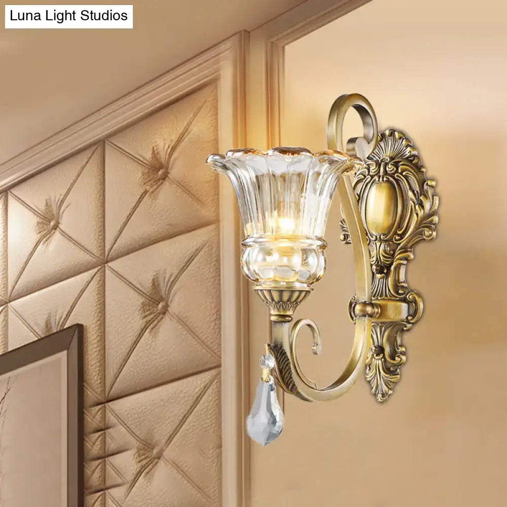 Antique brass crystal drop wall sconce with clear glass shade and faceted teardrop pendant compatible with 220v-240v led