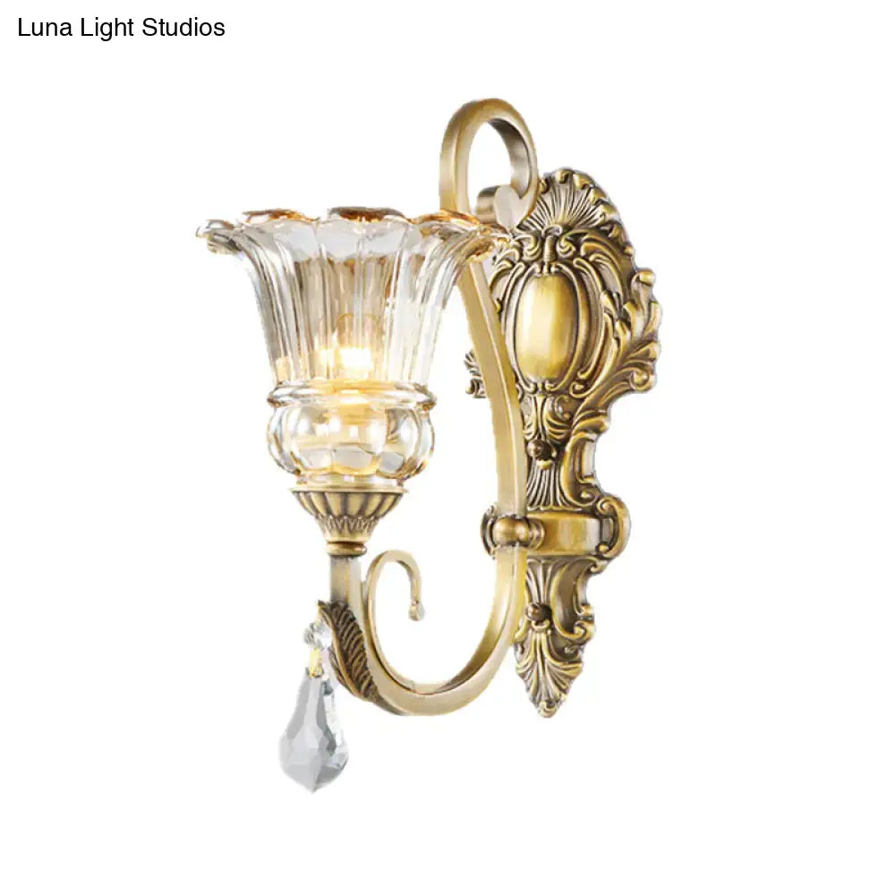 Antique brass crystal drop wall sconce with fluted glass shade and faceted crystals for bedroom led light 220v-240v 110v-120v