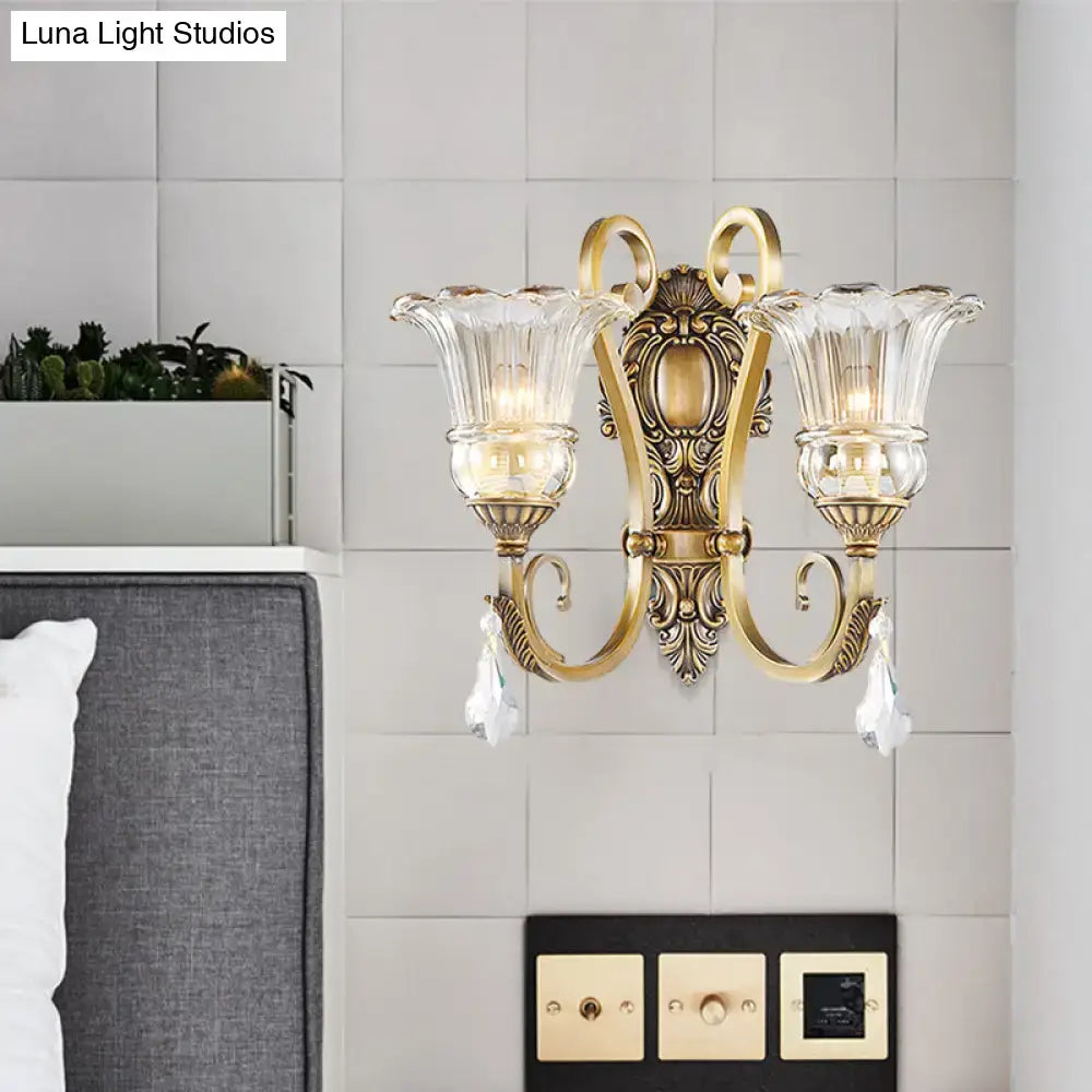 Antique brass crystal drop two-light wall sconce with clear glass shades compatible with 220v-240v led lighting