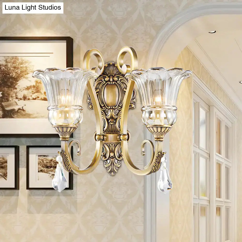 Antique brass crystal drop wall sconce with two clear glass shades and dangling crystals for bedroom led light 220v-240v