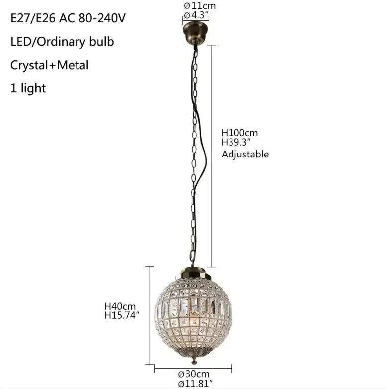 Antique brass crystal empire ball chandelier with a spherical crystal pendant light and adjustable chain for living room decor