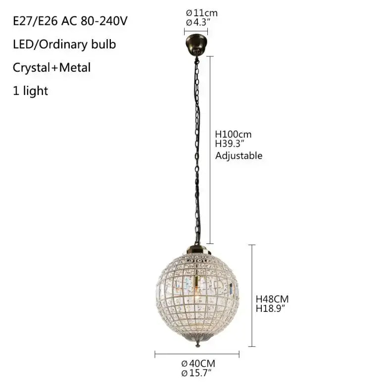 Antique brass crystal empire ball chandelier with a spherical crystal design and metallic frame hanging from chain
