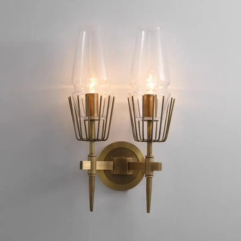 Antique brass wall light with crystal glass shades and wire cage details for bedroom and bath decorbites dimmable crystal