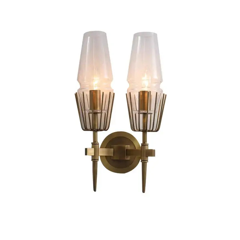 Antique brass two-light wall light with frosted crystal glass shades and wire cage detailing for bedroom and bath decorbites dimmable crystal