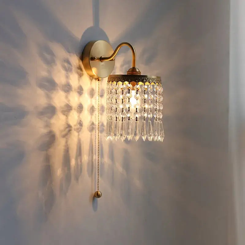 Antique brass crystal led wall sconce with cascading crystal droplets for bedroom decorbites crystal led wall lighting