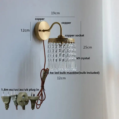 Antique brass crystal led wall sconce with brass-finished copper and cascading k9 crystal droplets decorbites crystal led