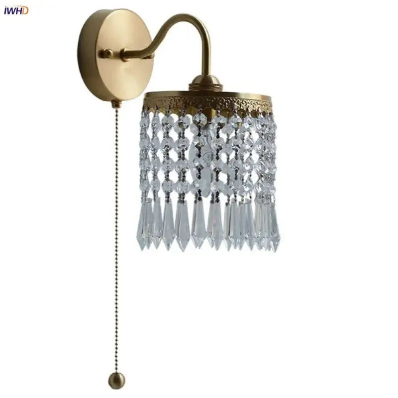 Antique brass crystal led wall sconce with cascading clear crystal beads and decorative beaded pull chain for bedroom decor