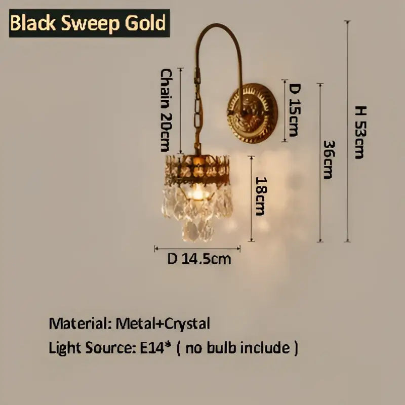 Black sweep gold wall lamp with curved metal arm, ornate brass base, and decorbites crystal wall chandelier pendant