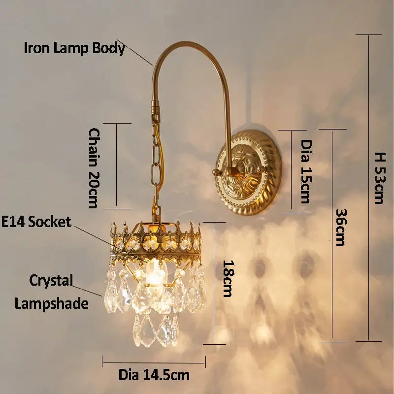 Antique brass wall lamp with gold-toned wrought iron and decorbites crystal wall lampshade for luxury bedroom decor