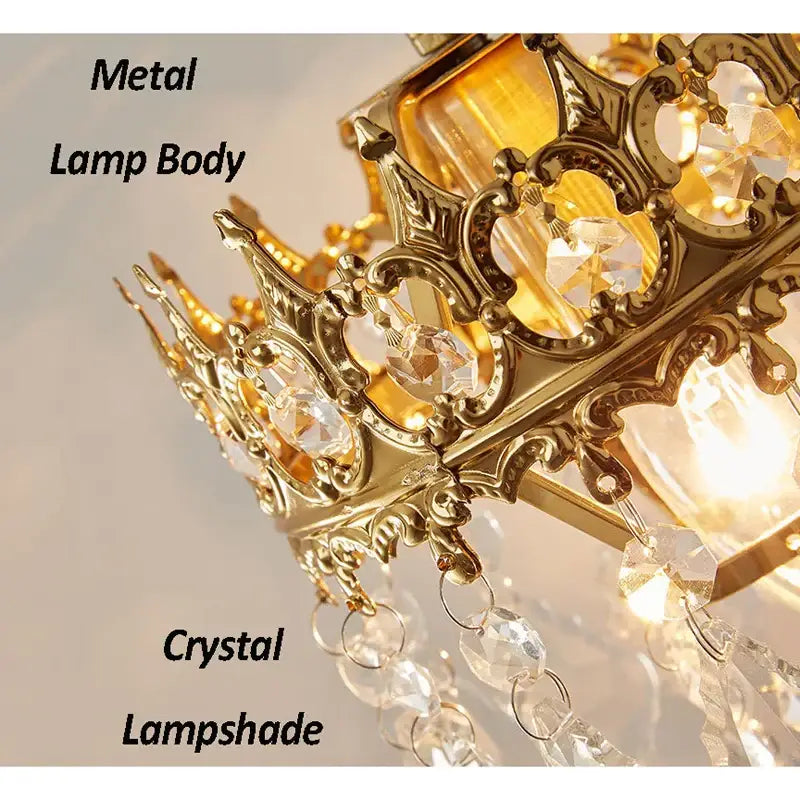Antique brass crystal wall lamp with gold-toned metal ornate crown design and clear crystal accents for luxury decorbites crystal wall decor