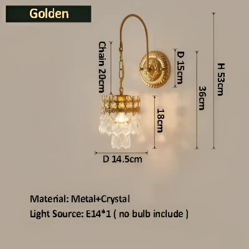Antique brass crystal wall lamp with golden metal and crystal sconce featuring a curved chain chandelier design decorbites crystal wall lamp