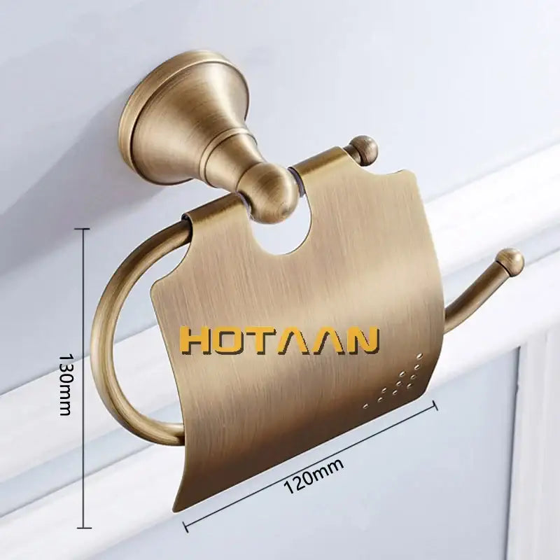 Antique brass curved toilet paper holder with sleek brushed metal surface and elegant design for bathroom use