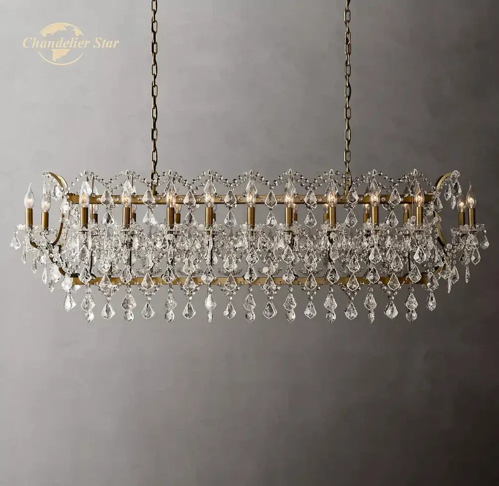 Antique brass decorbites crystal iron chandelier with cascading clear crystal droplets for dining room decor