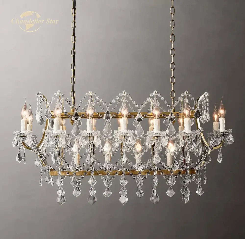 Antique brass decorbites crystal iron chandelier with cascading clear crystal droplets and candle-style bulbs for dining room