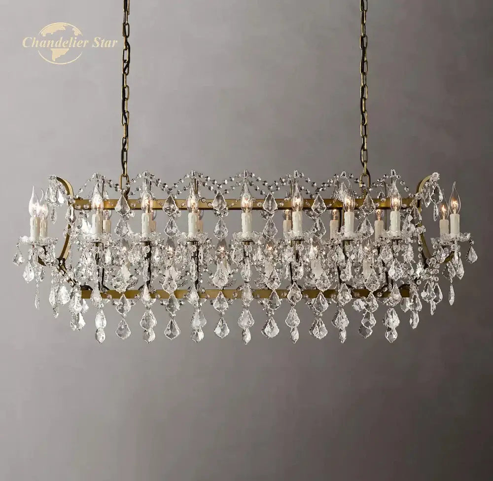 Antique brass decorbites crystal iron chandelier with cascading clear crystal droplets and candle-style bulbs for dining room
