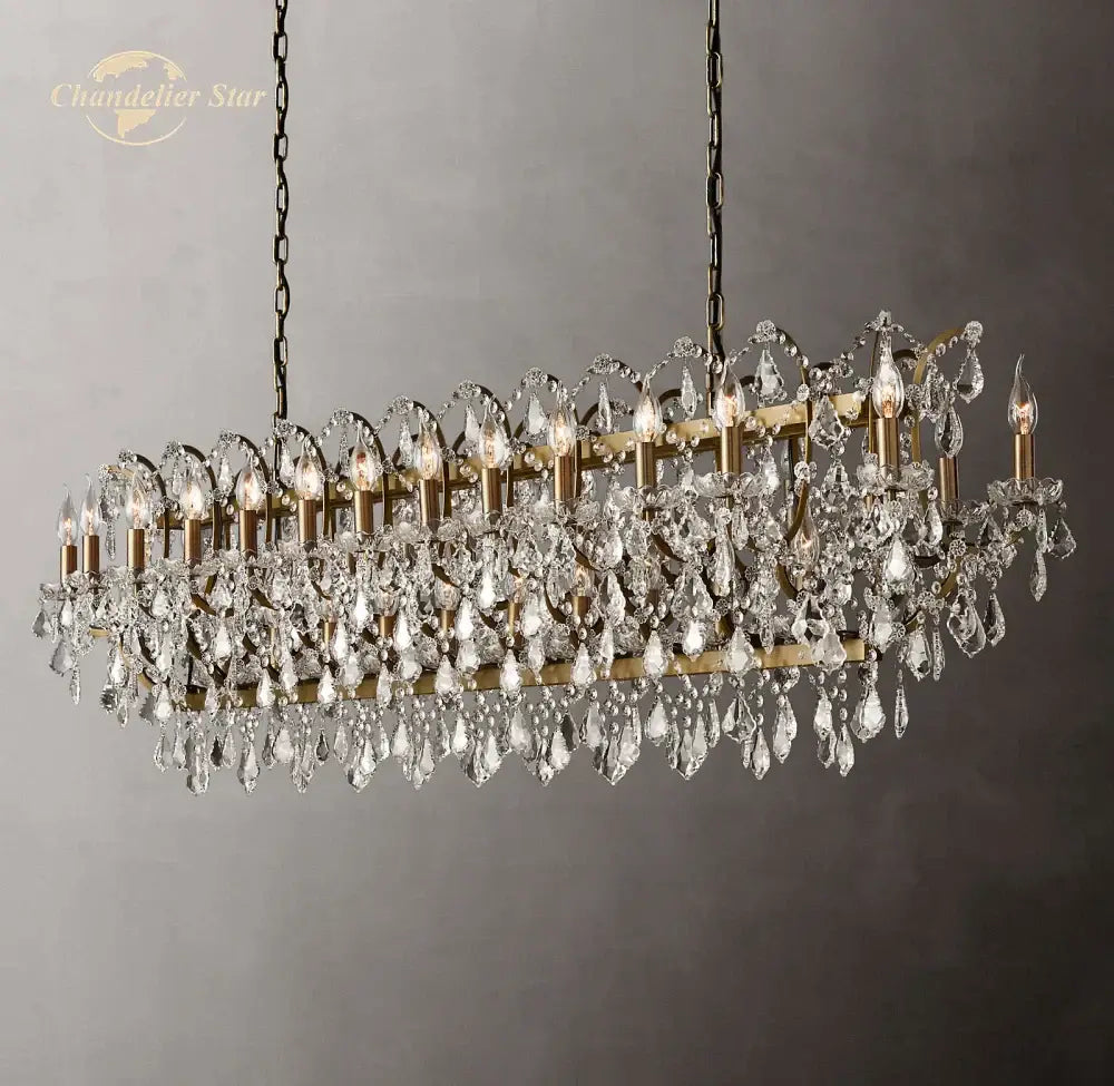 Antique brass decorbites crystal iron chandelier with cascading clear crystal droplets and candle-style bulbs for dining room