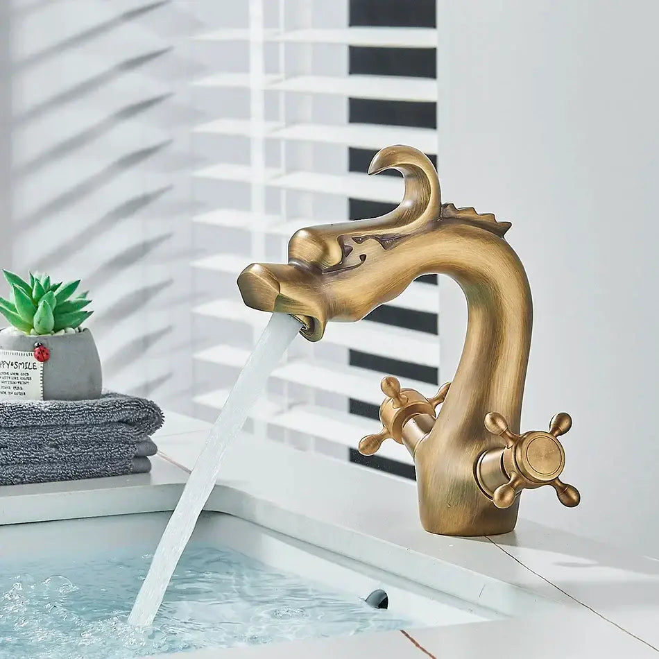 Antique brass decorbites dragon style bathroom basin faucet mixer tap with golden dragon-themed ornate detailing and brass finish