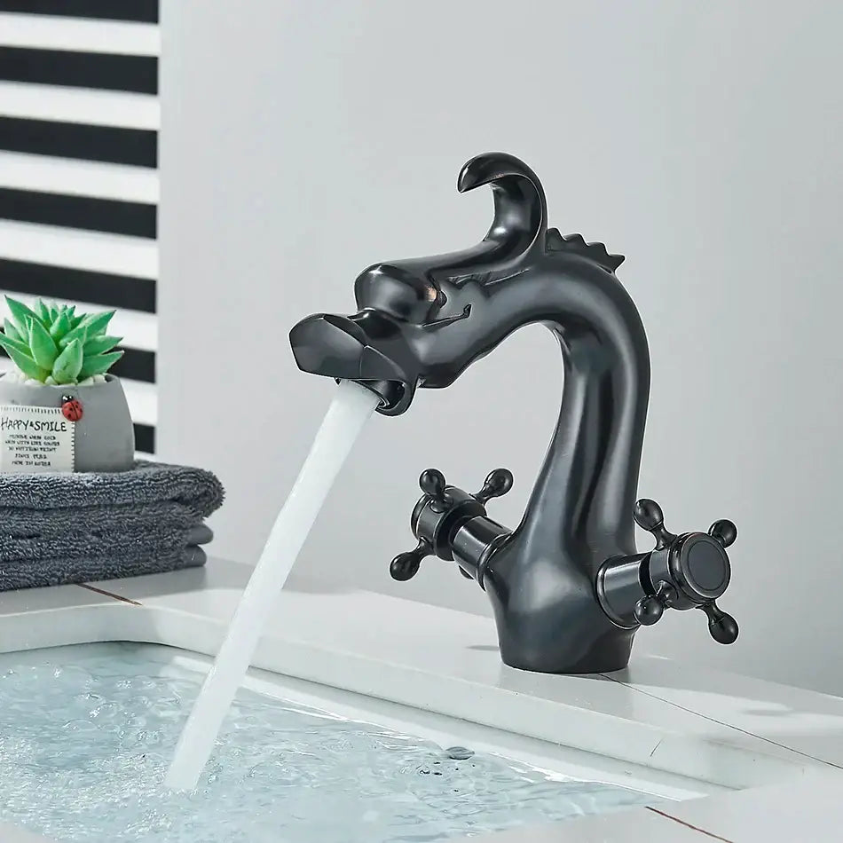 Black dragon style bathroom basin faucet mixer tap with matte finish and ornate cross handles by decorbites dragon style