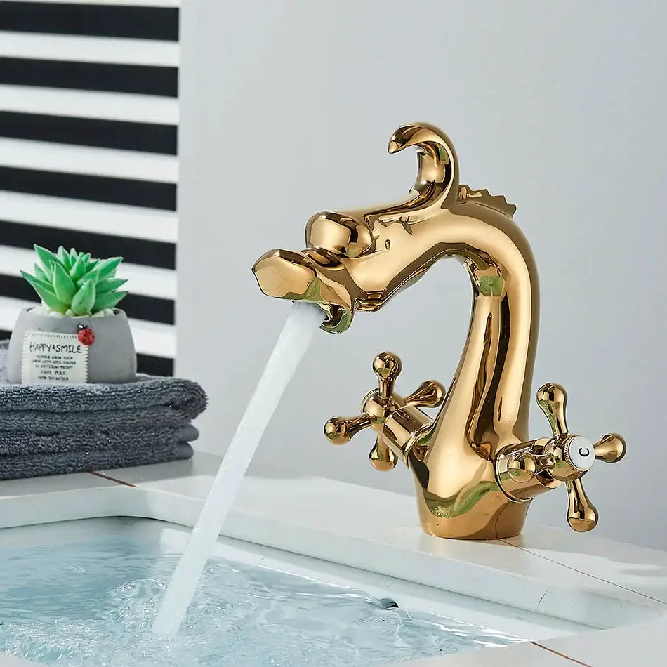 Antique brass decorbites dragon style bathroom basin faucet mixer tap with golden dragon theme polished metallic finish and cross handles