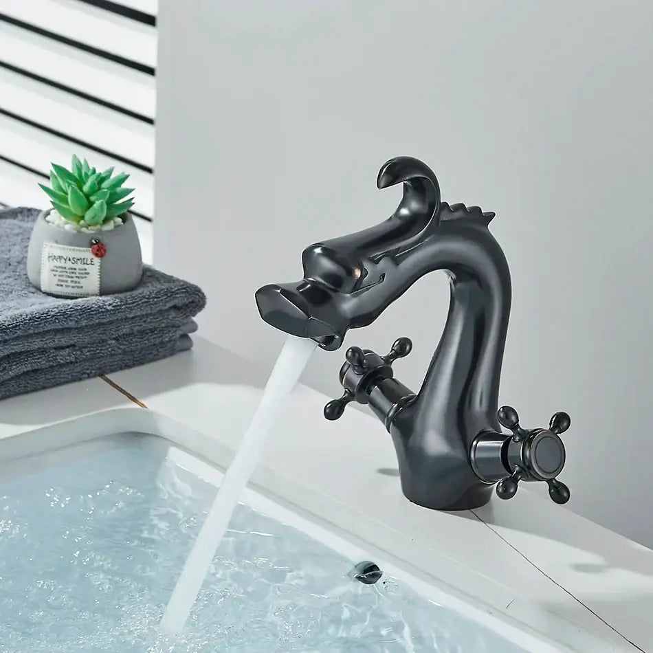 Black dragon style bathroom basin faucet mixer tap with matte finish and ornate cross handles by decorbites dragon style