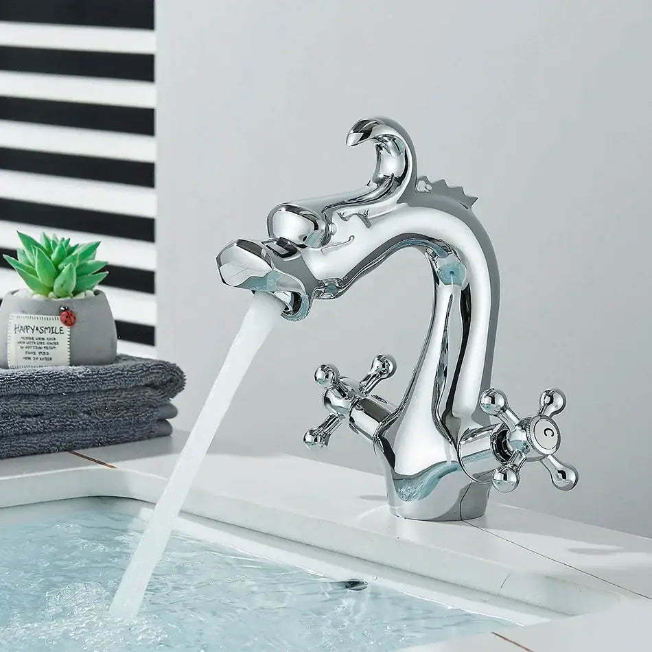 Shiny chrome dragon style faucet with cross-handle controls from decorbites dragon style bathroom mixer tap collection