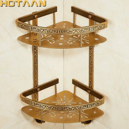 Brass-colored ornate double layer corner shelf with intricate floral cutouts decorbites antique aluminum bathroom rack