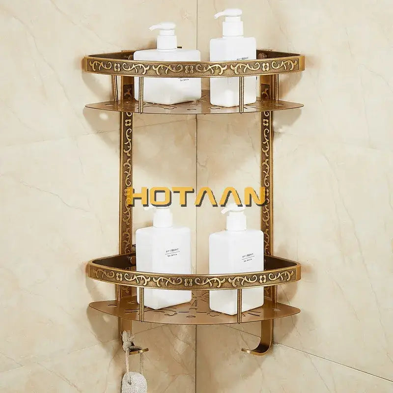 Antique brass double layer corner shelf with ornate scrollwork design by decorbites antique aluminum for bathroom storage