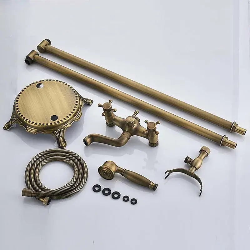 Antique brass freestanding tub faucet with dual ceramic handle and matching shower hose by decorbites for bathroom use