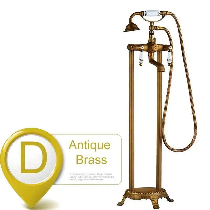 Antique brass freestanding tub faucet with decorbites dual ceramic handles and white ceramic accents with coiled hose