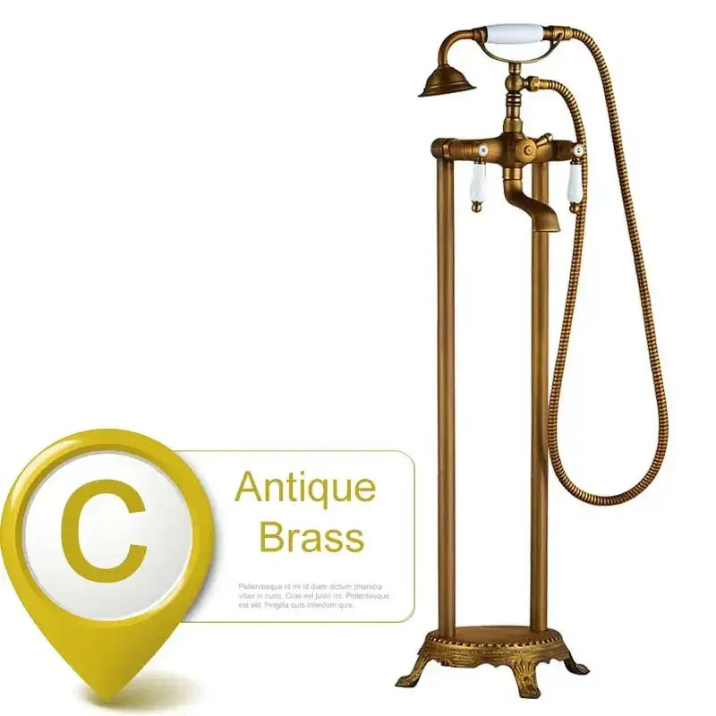 Antique brass freestanding tub faucet with dual ceramic handle white knobs curved spout and ornate base decorbites dual ceramic