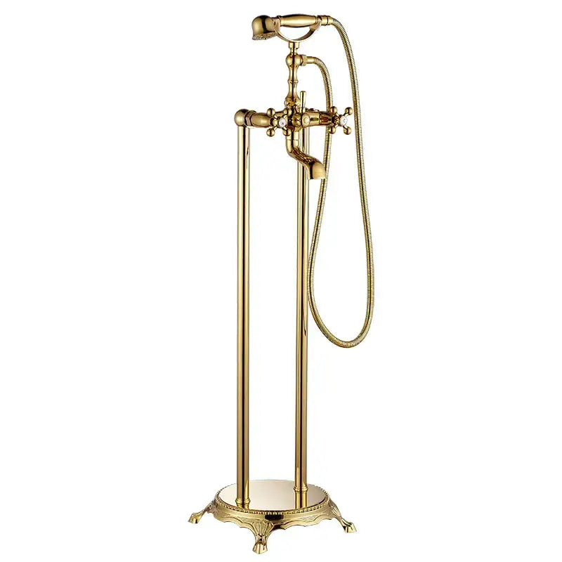 Gold-finished freestanding tub faucet with ornate decorbites dual ceramic handle and attached handheld showerhead for bathroom use