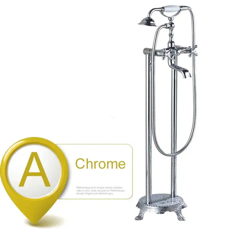 Chrome-finished freestanding tub shower combination with ornate base and decorbites dual ceramic handle dual hoses