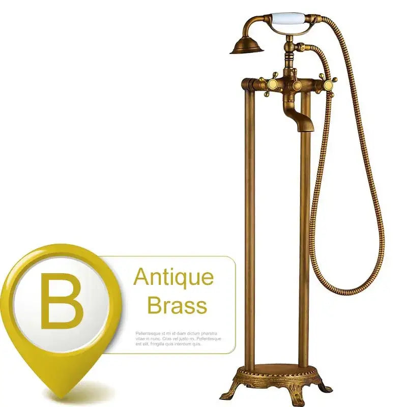 Antique brass freestanding tub faucet with decorbites dual ceramic handle, curved spout, decorative knobs, and ornate base