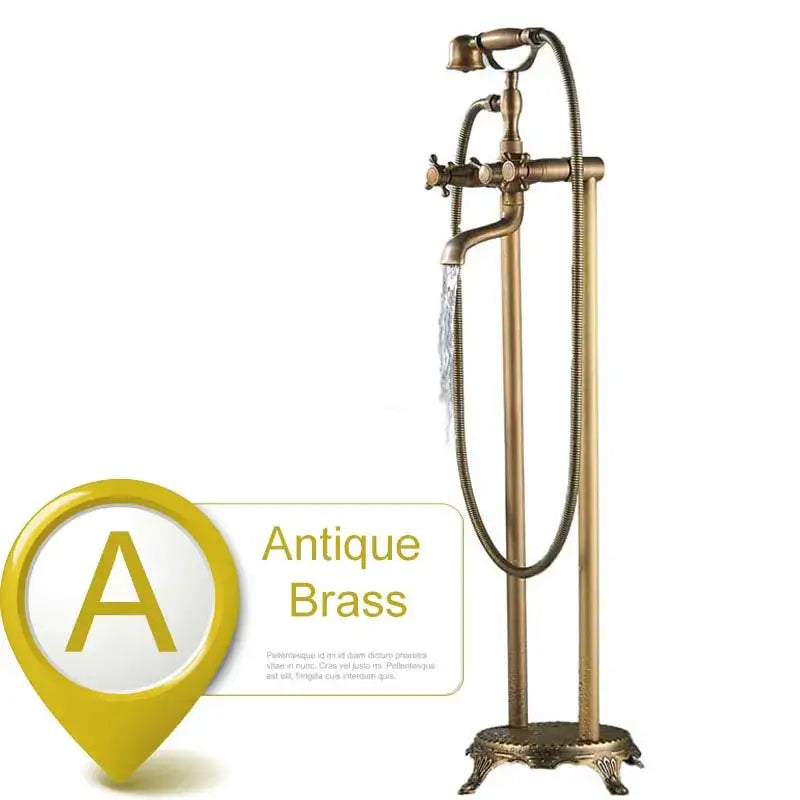 Antique brass freestanding tub faucet with decorbites dual ceramic handle and ornate detailing for bathroom use