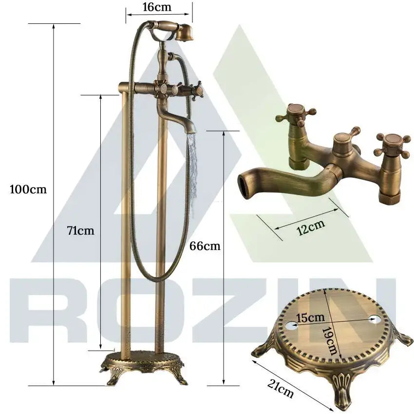 Antique brass freestanding tub faucet with decorbites dual ceramic handle and matching three-handle wall-mounted spout
