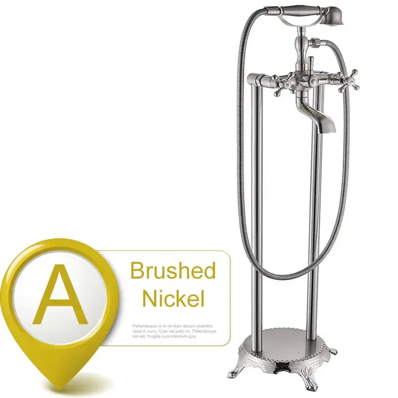 Brushed nickel freestanding tub faucet with decorbites dual ceramic handle and classic ornate feet for bathroom decor