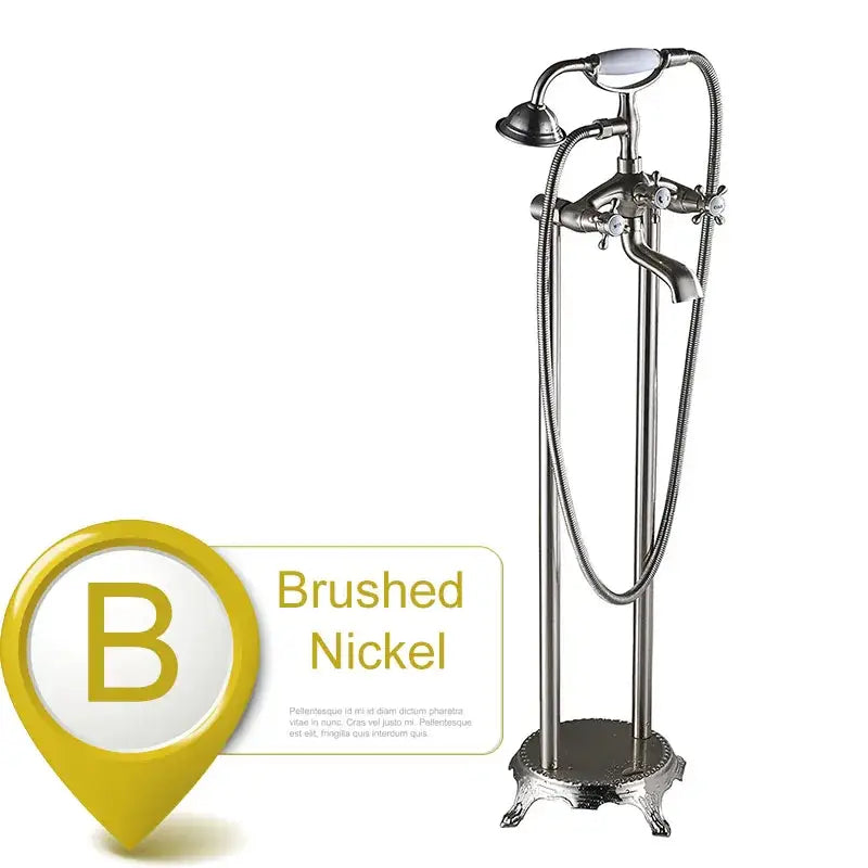 Brushed nickel freestanding tub faucet with ornate base and decorbites dual ceramic handle for bathroom use