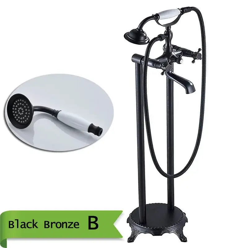 Black bronze dual handle bath set with tall stand and handshower from Decorbites brass floor collection