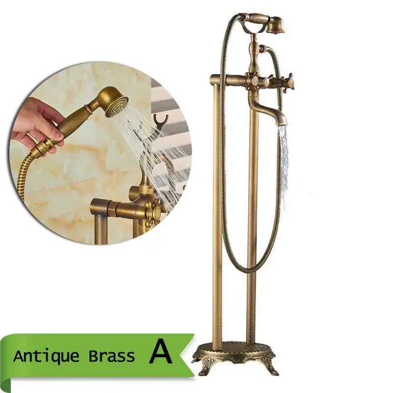 Antique brass dual handle floor mount bath set with handheld spray head and tall stand for bathroom decorbites brass floor