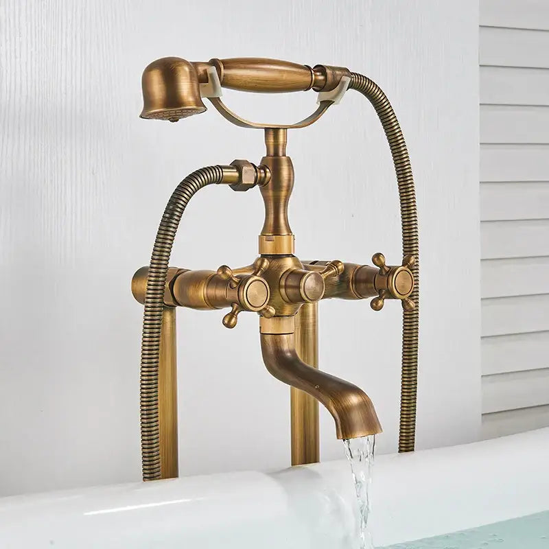 Antique brass dual handle floor mount bath set with handheld showerhead and flexible hoses by decorbites brass floor