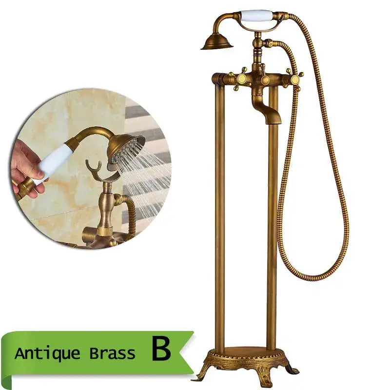 Antique brass dual handle floor mount bath set with white ceramic handle and flexible hose by decorbites brass floor