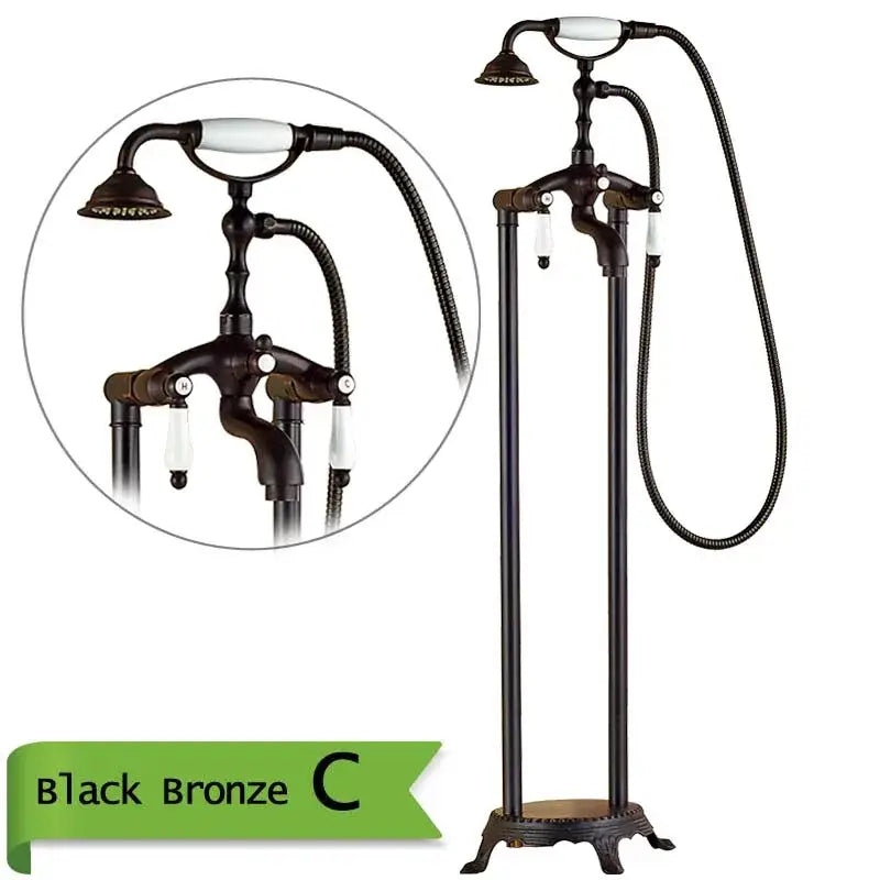 Black bronze farmhouse dual handle bath set with white ceramic handles and flexible hose decorbites brass floor mount