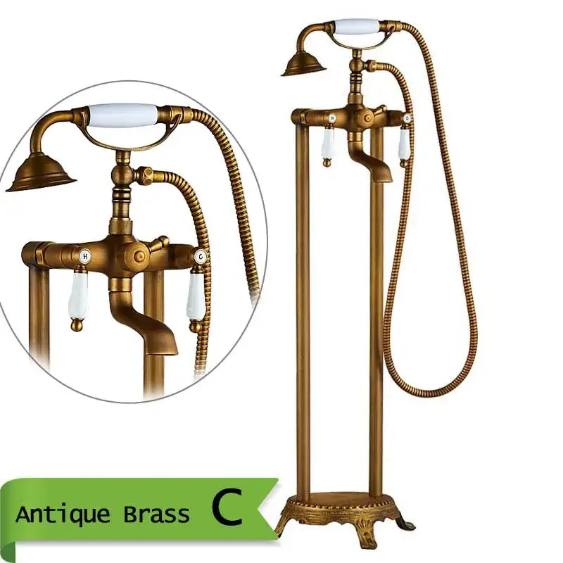 Antique brass dual handle freestanding bath set with white ceramic handles and flexible hose decorbites brass floor mount