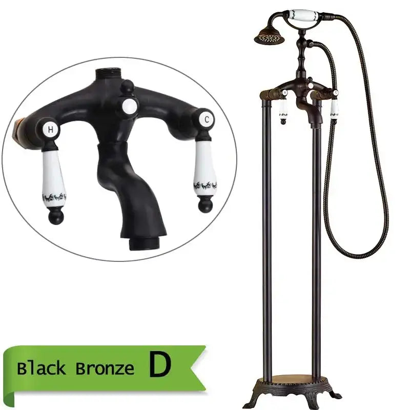 Antique brass dual handle bath set with black bronze faucet white ceramic handles and decorbites brass floor handheld showerhead