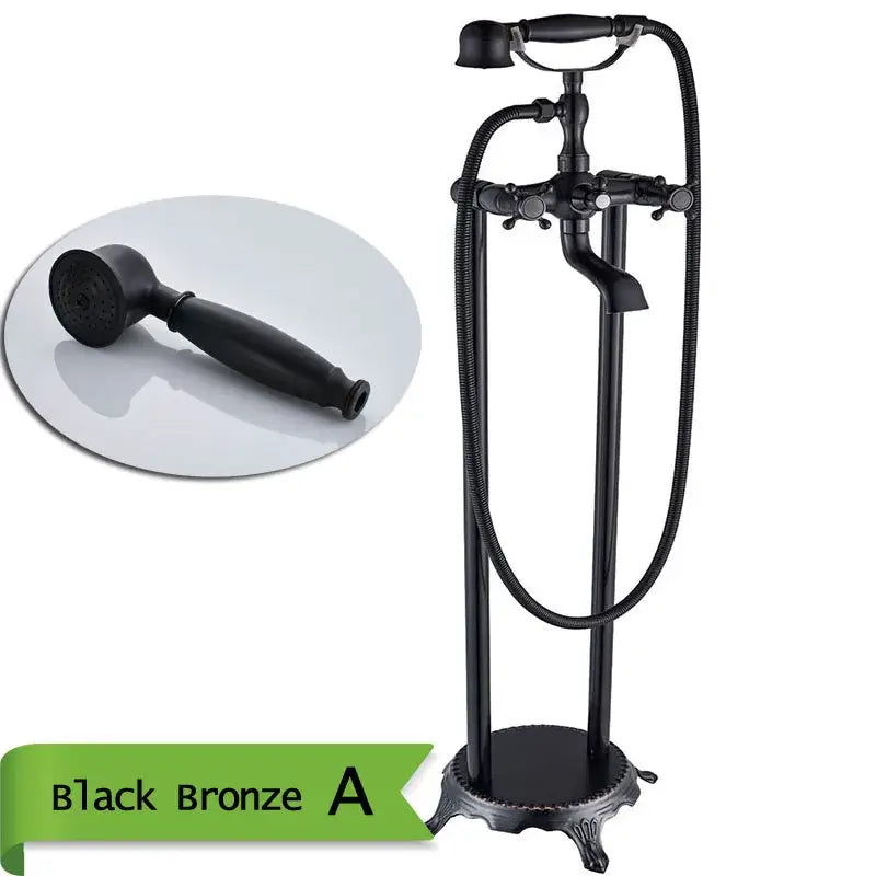Black bronze dual handle bath set with tall ornate stand and handheld showerhead decorbites brass floor mount