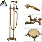 Antique brass dual handle freestanding bath set with ornate detailing and handheld spray head decorbites brass floor mount