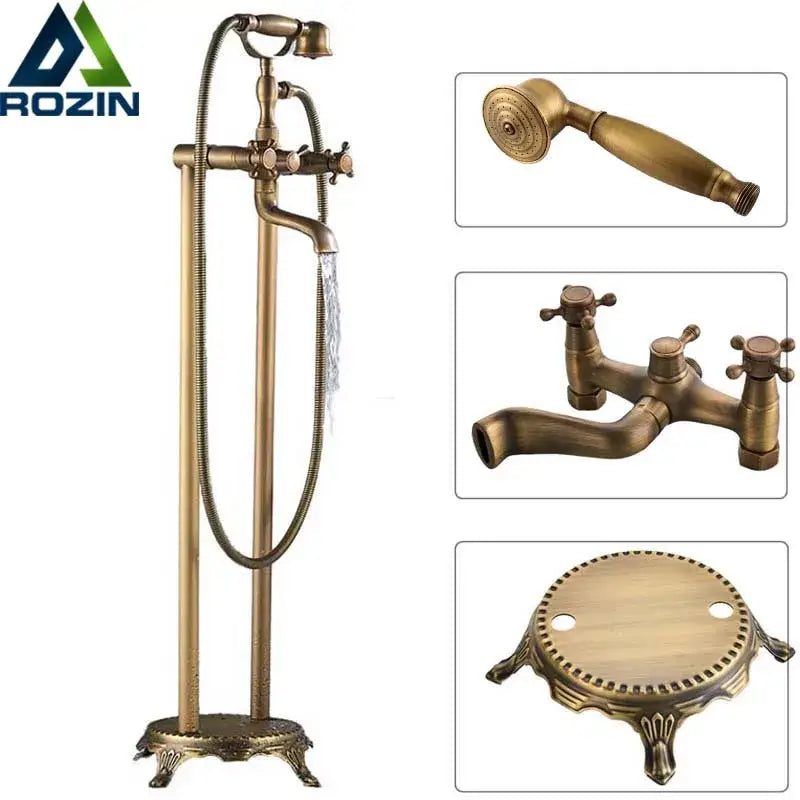 Antique brass dual handle freestanding bath set with ornate detailing and handheld spray head decorbites brass floor mount