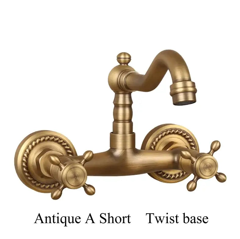 Antique brass dual handle kitchen faucet with ornate twisted base and rope-textured handles for hot water control