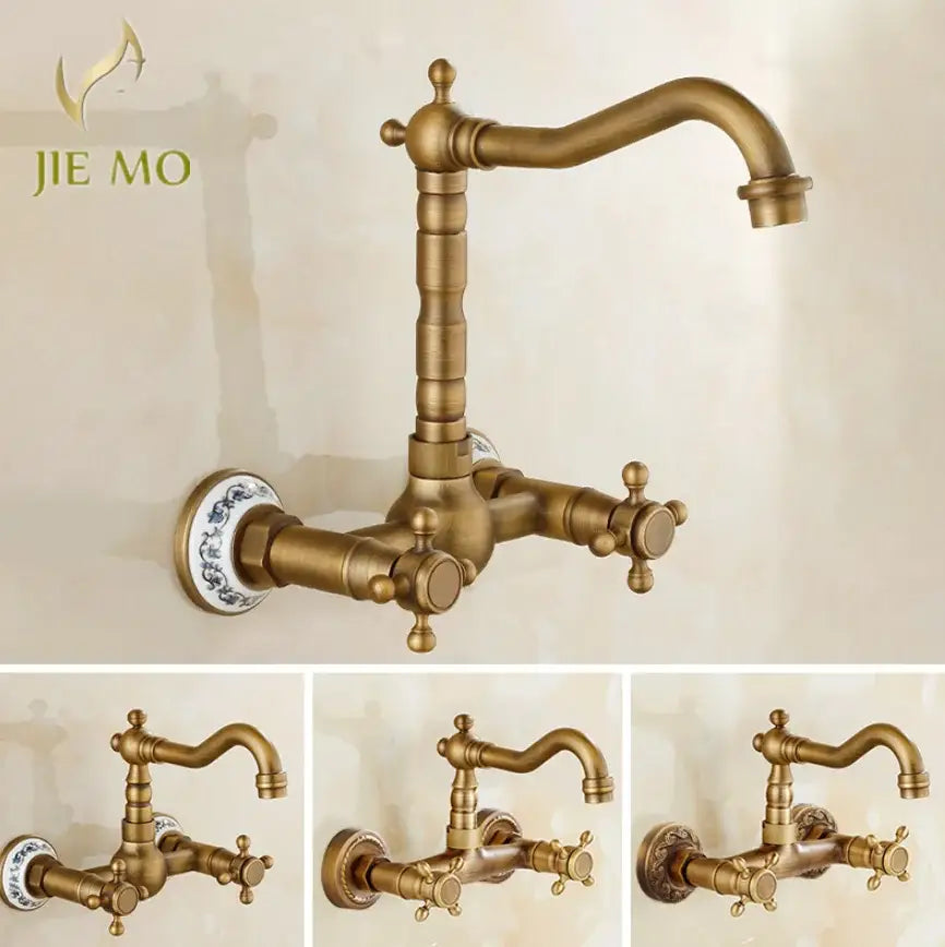 Antique brass dual handle kitchen faucet with hot water function and decorative blue and white porcelain plate base
