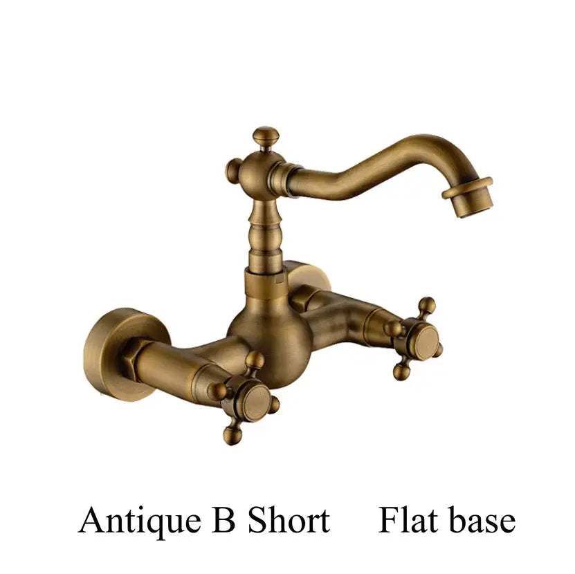 Antique brass dual handle kitchen faucet with porcelain plate featuring wall-mounted bathroom faucet and hot water control